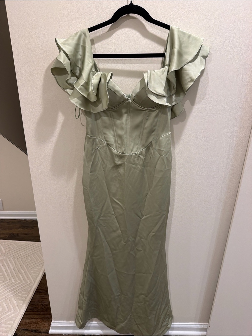 Misspap Sage Green Ruffle Off-Shoulder Maxi Dress